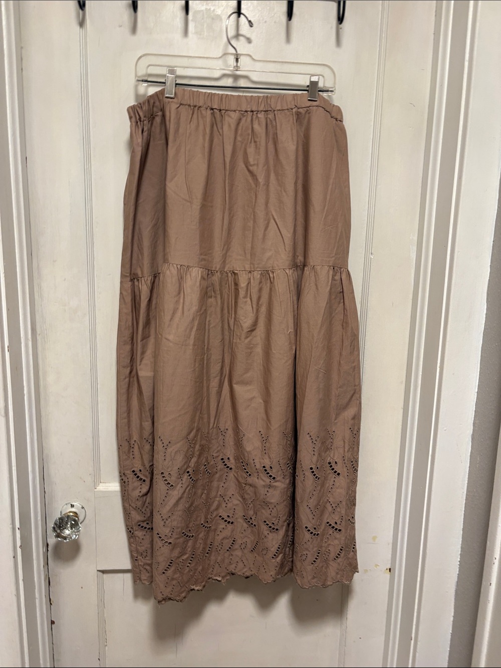 Cottagecore Tan Tiered Eyelet Maxi Skirt has Pockets X-Large